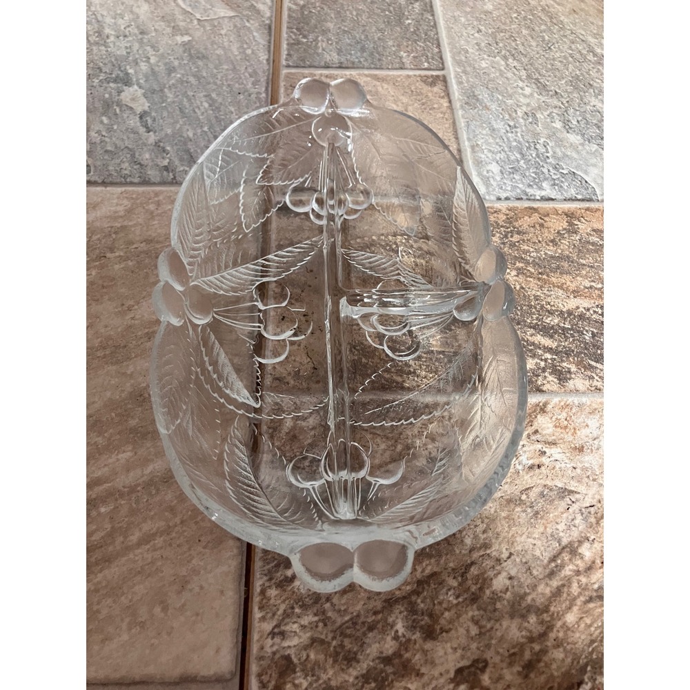 Vintage Style Clear Pressed Glass 3 Section Divided Cherry Leaf Relish Dish 10in